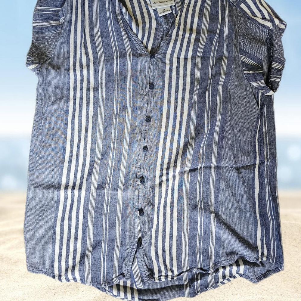 Liz Claiborne Navy and White Striped Casual Shirt